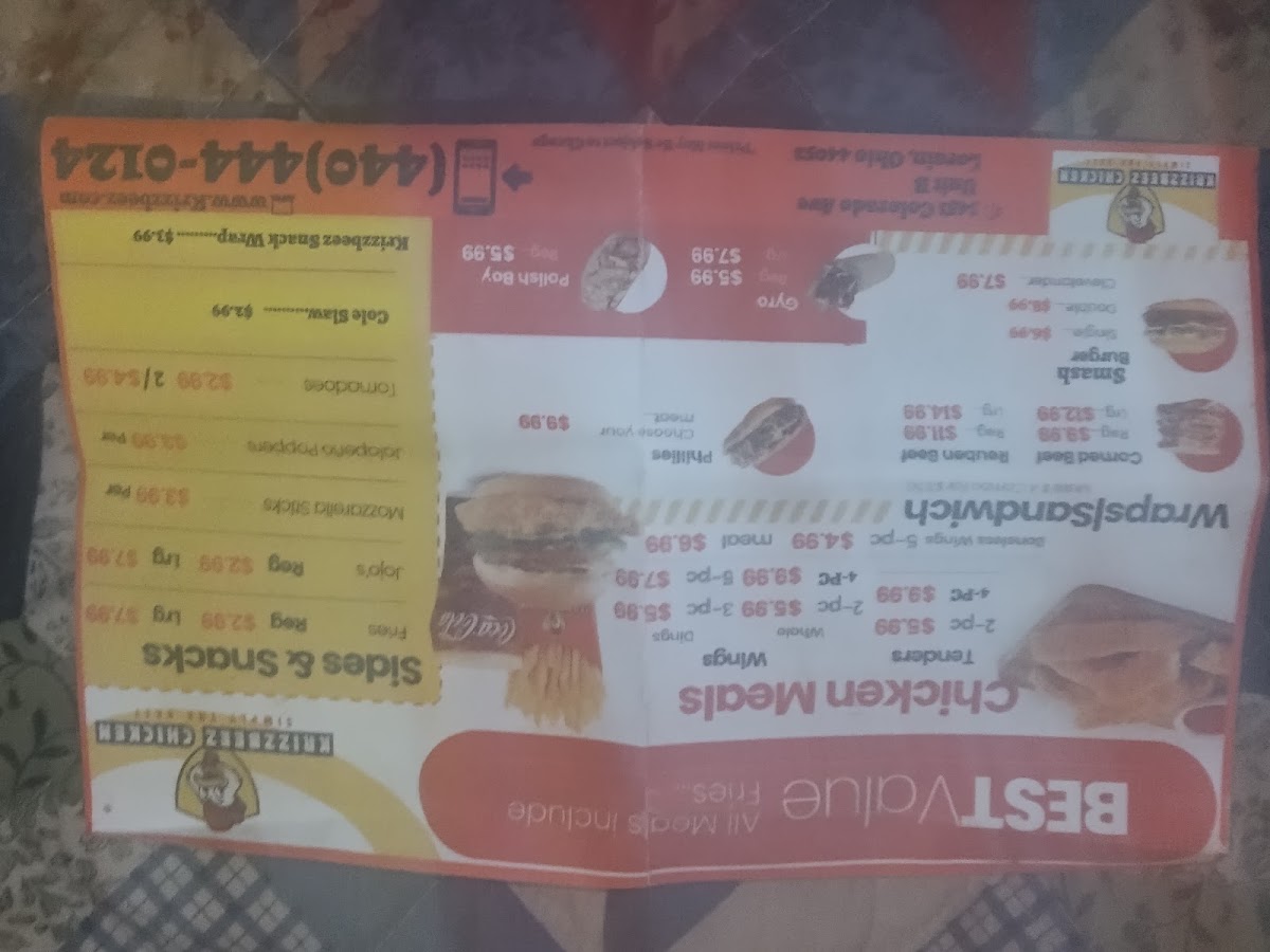 Krizzbeez Chicken menu board