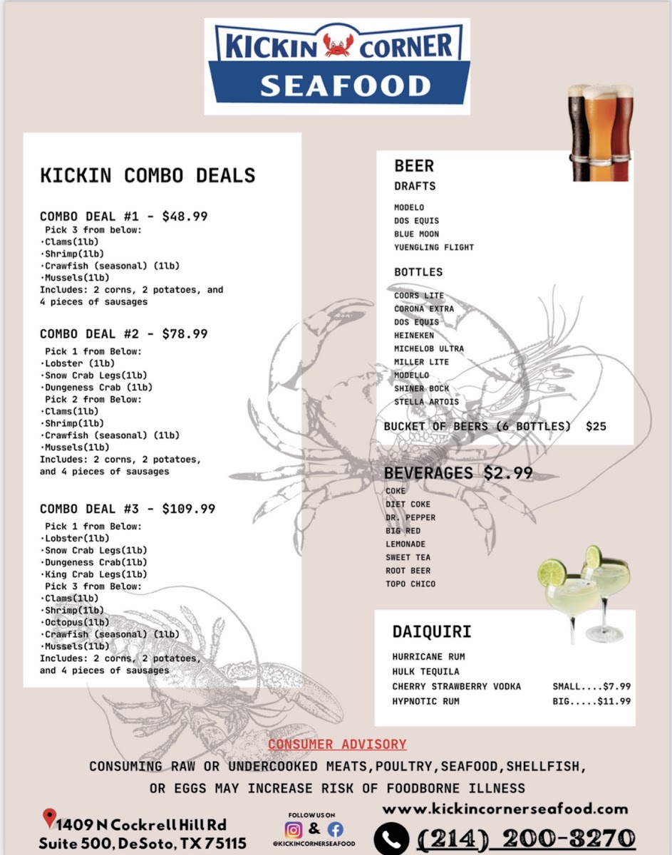 Kickin Corner Seafood & Daiquiri menu board