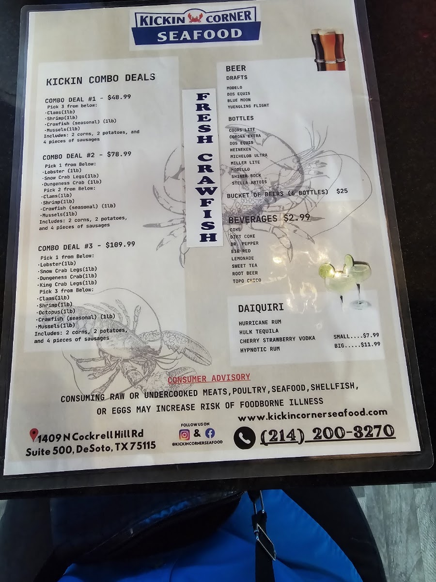 Kickin Corner Seafood & Daiquiri menu board