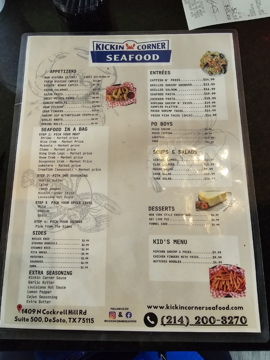 Kickin Corner Seafood & Daiquiri menu board