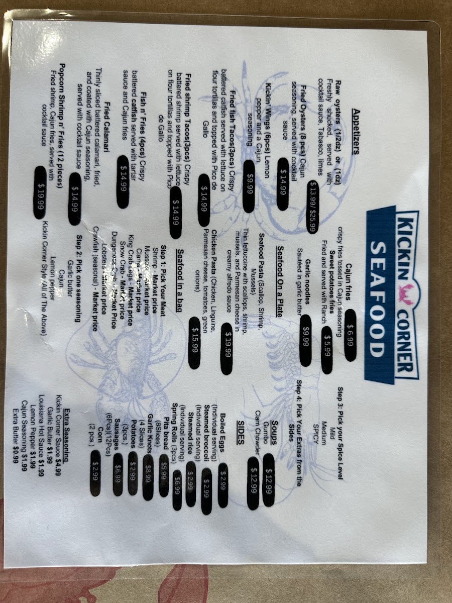 Kickin Corner Seafood & Daiquiri menu board
