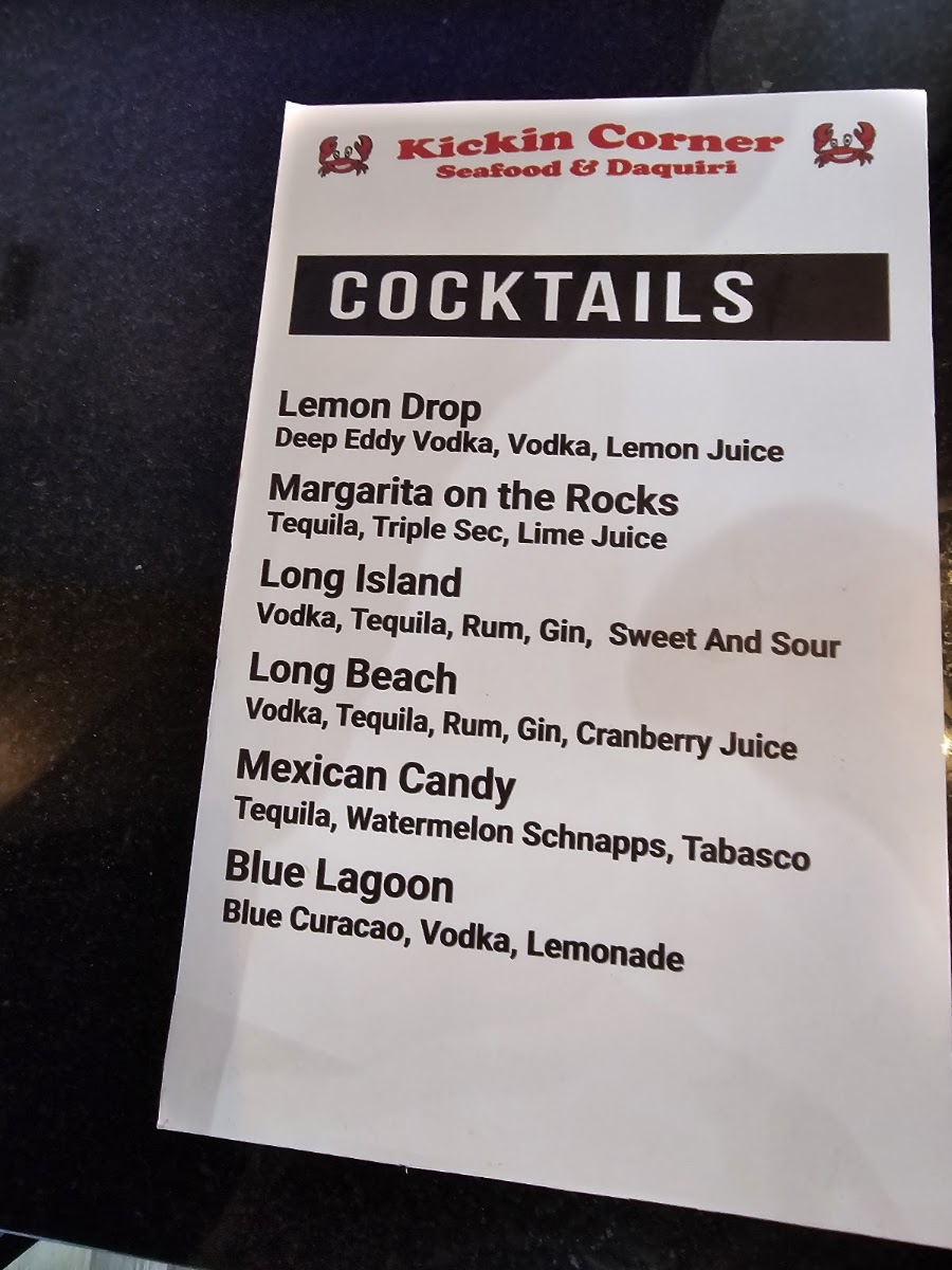 Kickin Corner Seafood & Daiquiri menu board