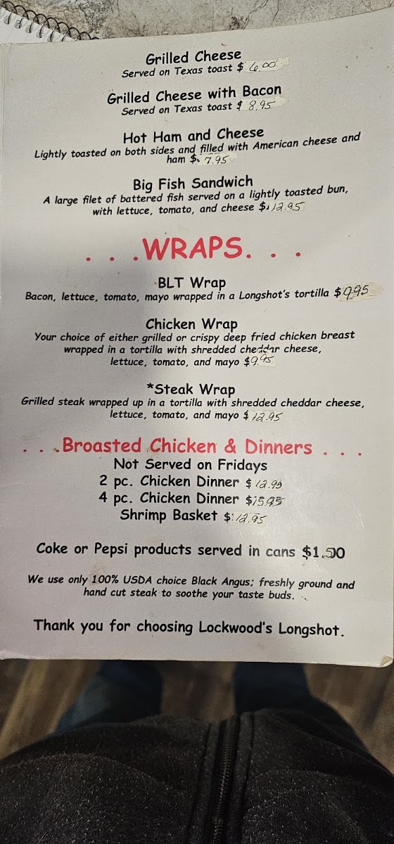 Lockwood's Longshot menu board