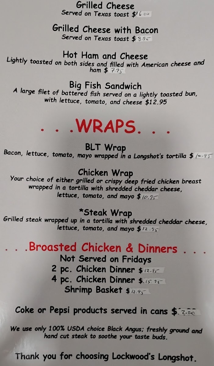 Lockwood's Longshot menu board