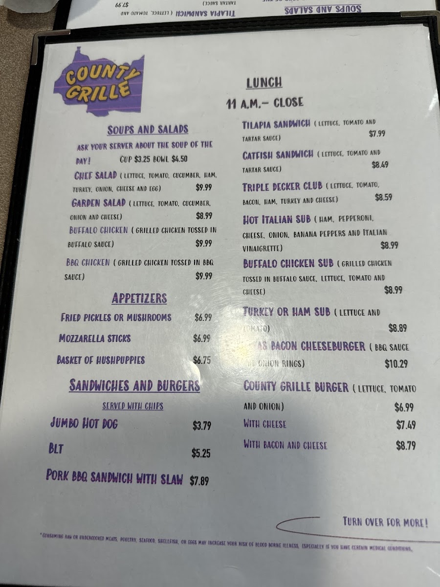 County Grille menu board