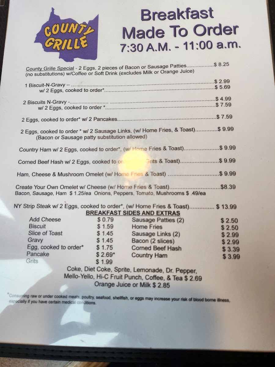 County Grille menu board