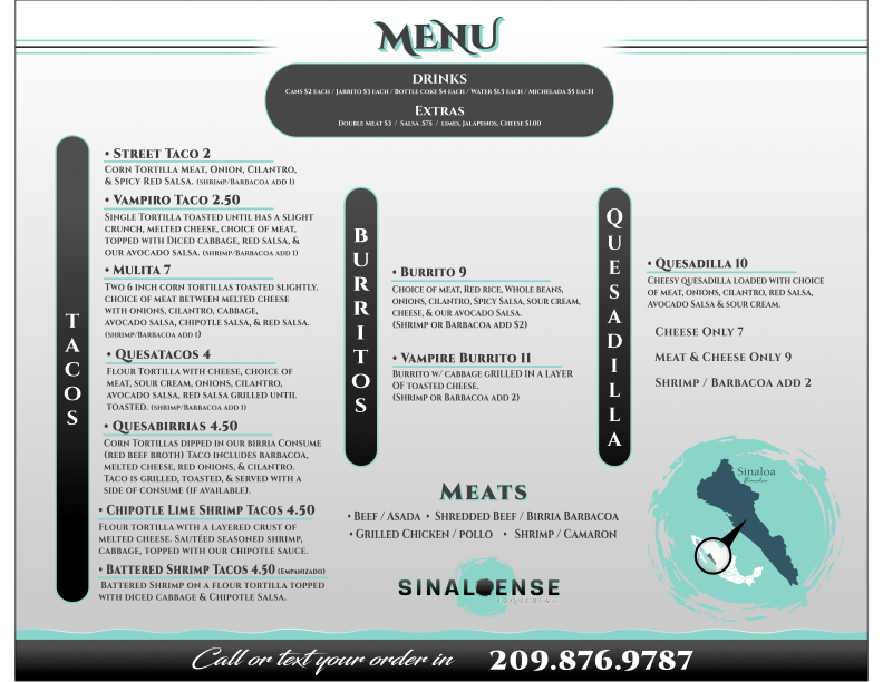 Sinaloense Taqueria 2.0 menu board