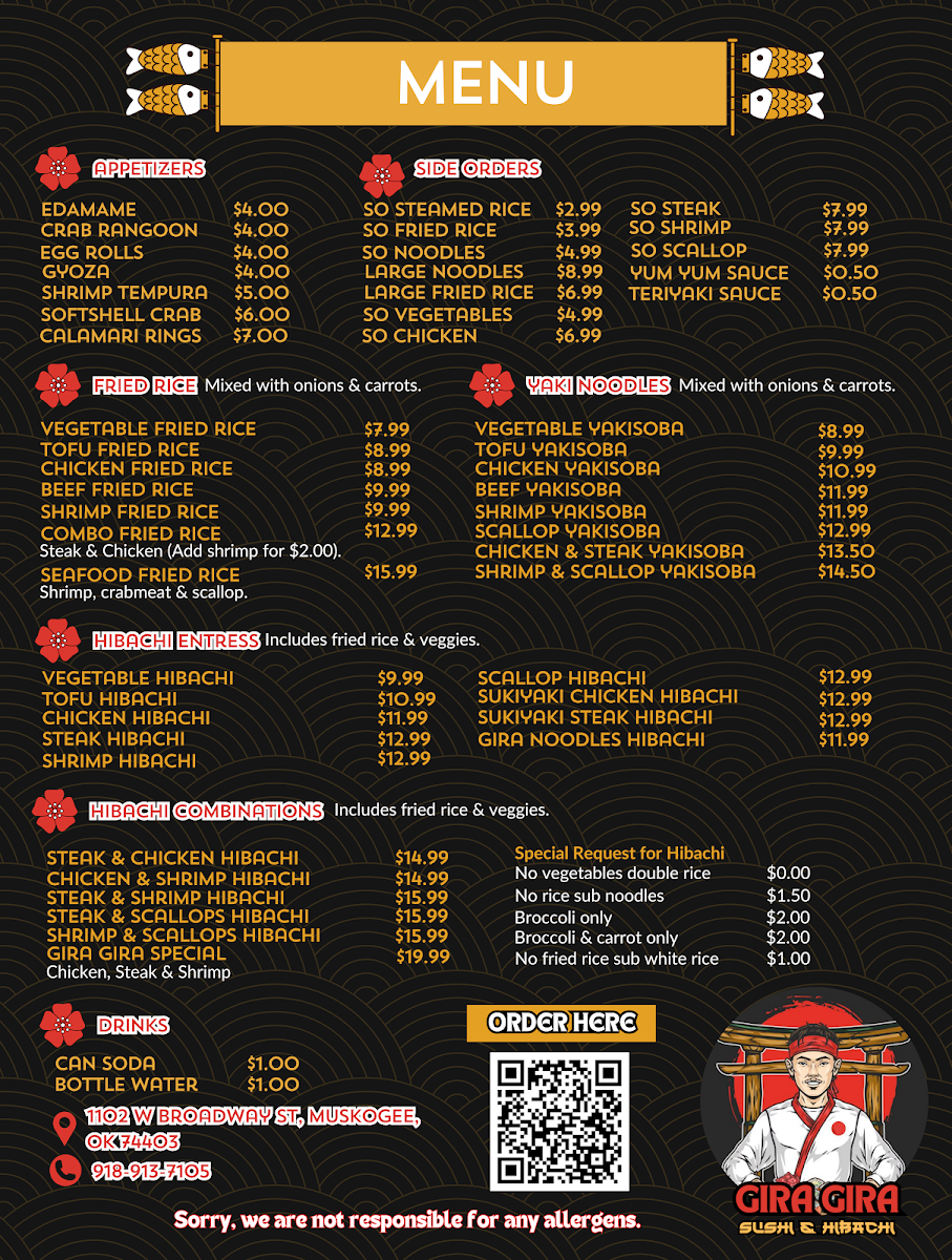Gira Gira Sushi & Hibachi menu board