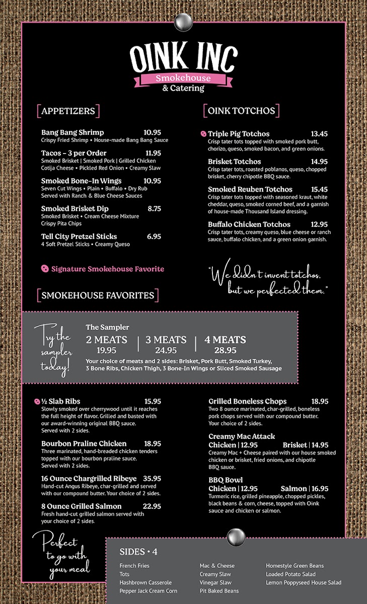 Oink Inc Smokehouse & Catering (Huntingburg) menu board