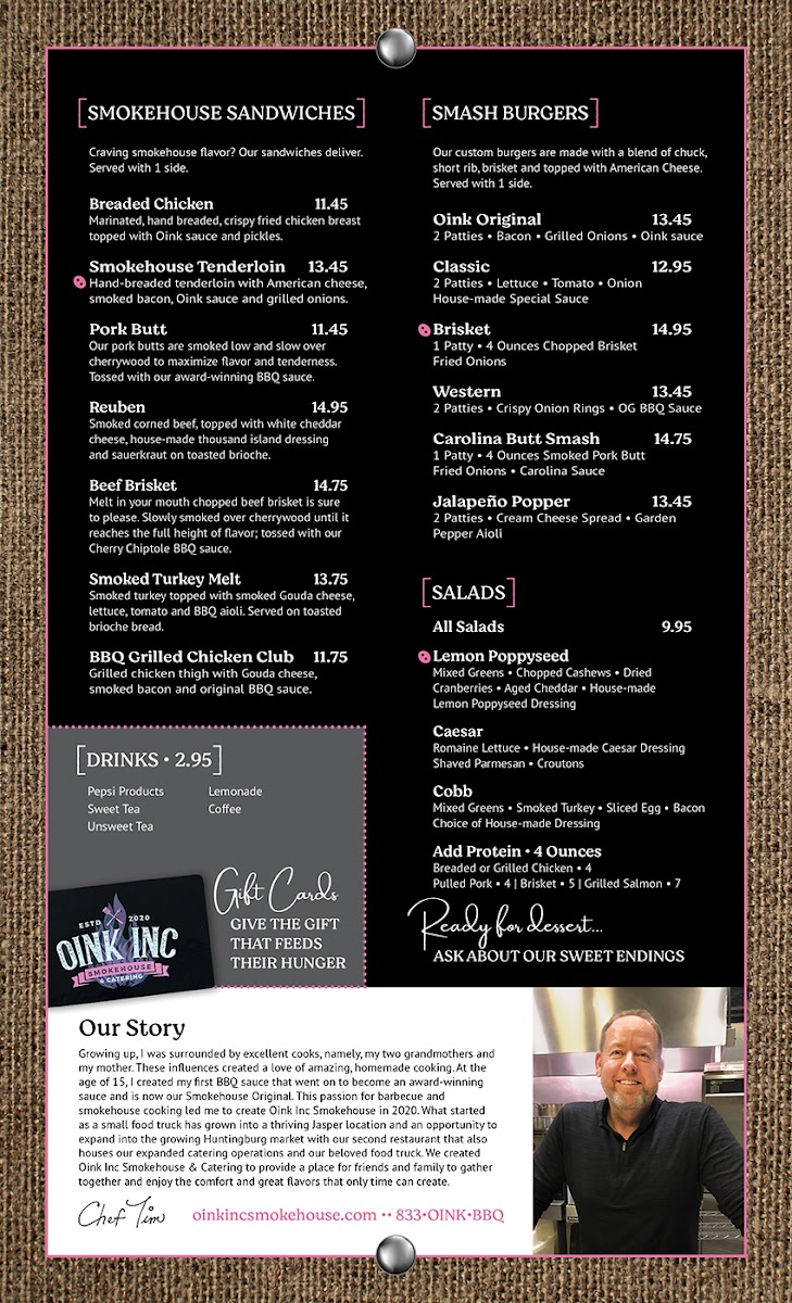 Oink Inc Smokehouse & Catering (Huntingburg) menu board