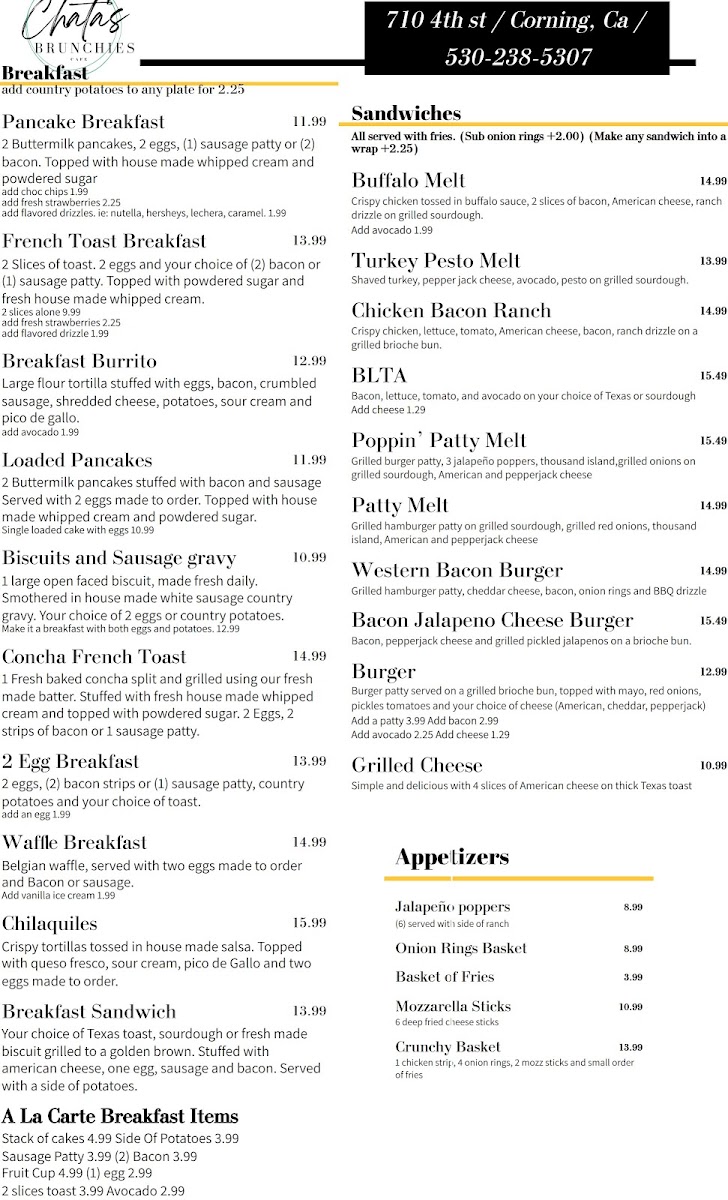 Chata's Brunchies Cafe menu board
