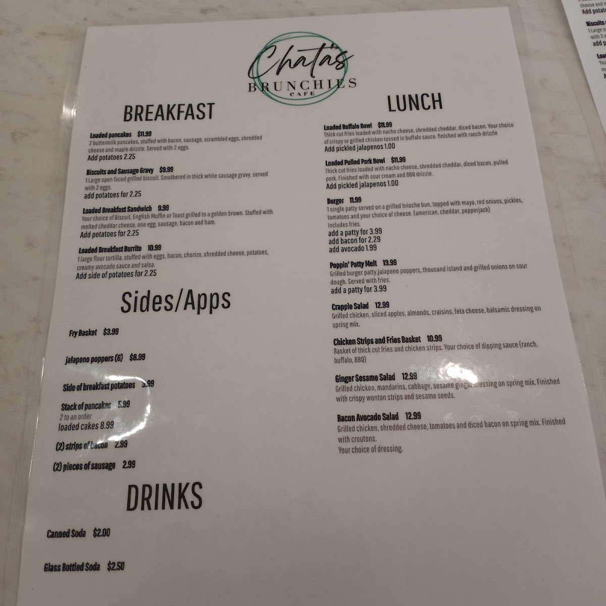 Chata's Brunchies Cafe menu board