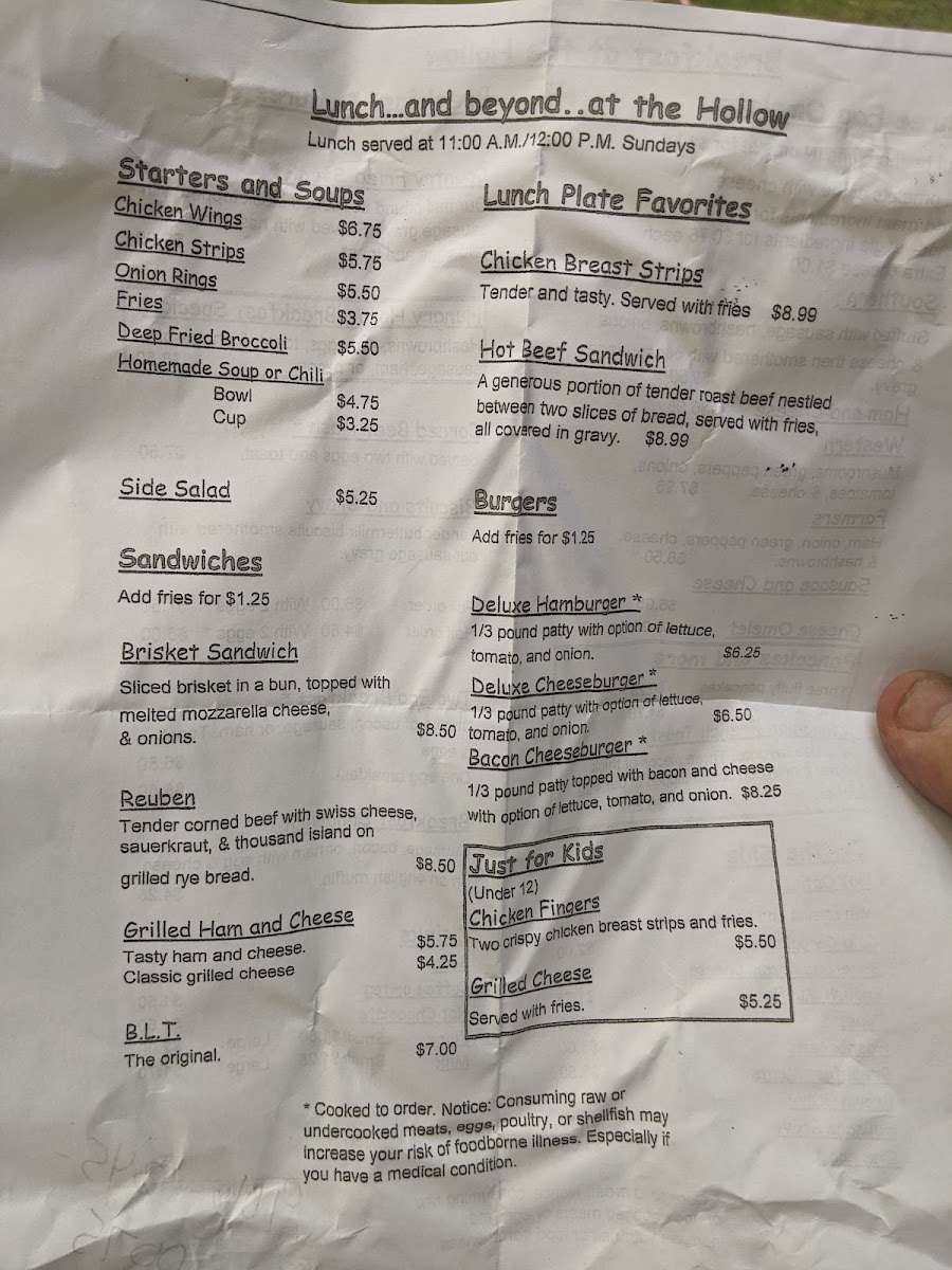 Hungry Hollow Cafe menu board