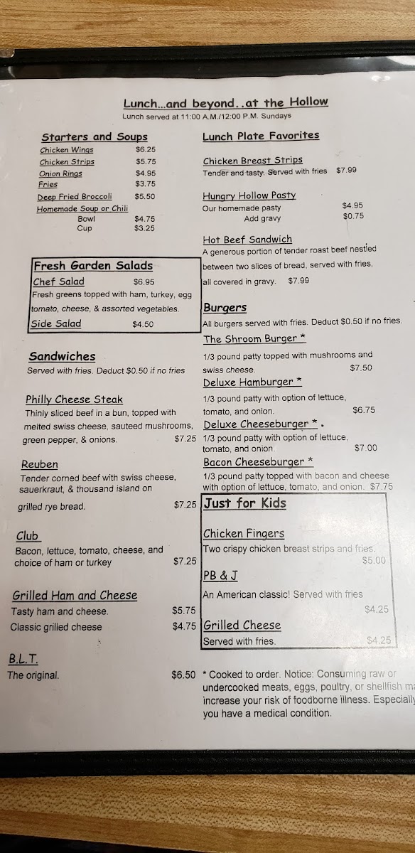 Hungry Hollow Cafe menu board