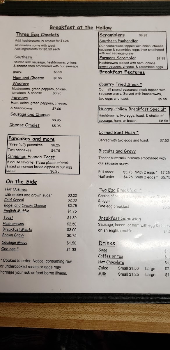 Hungry Hollow Cafe menu board