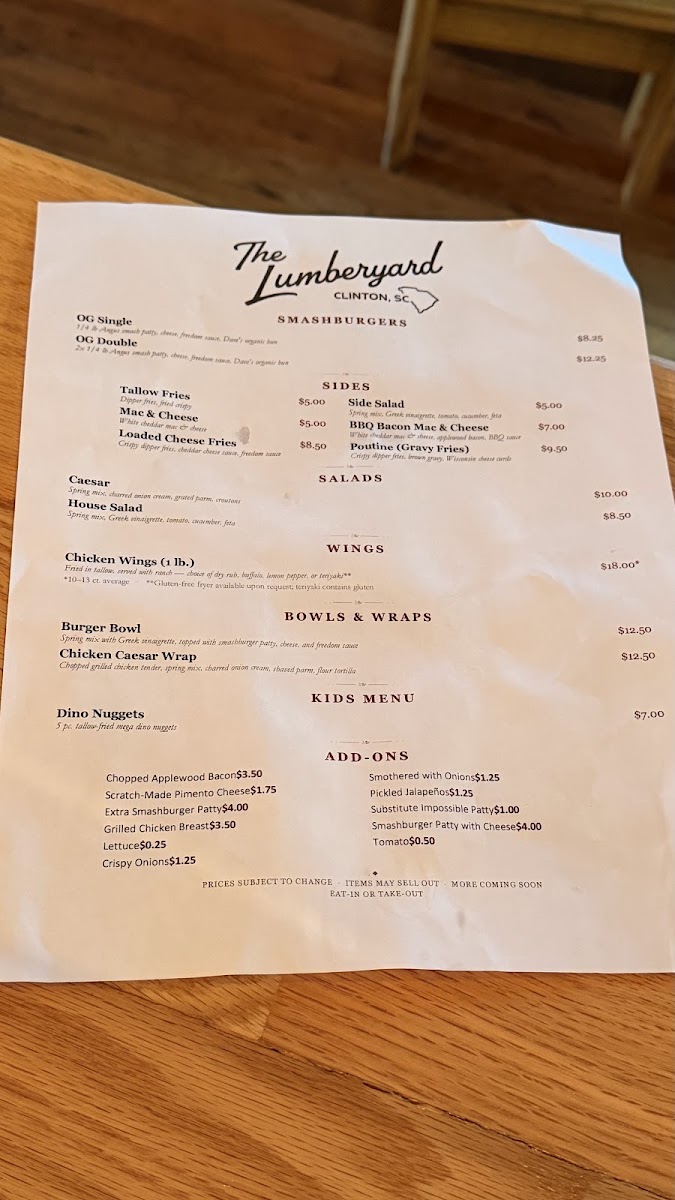 The Lumberyard menu board