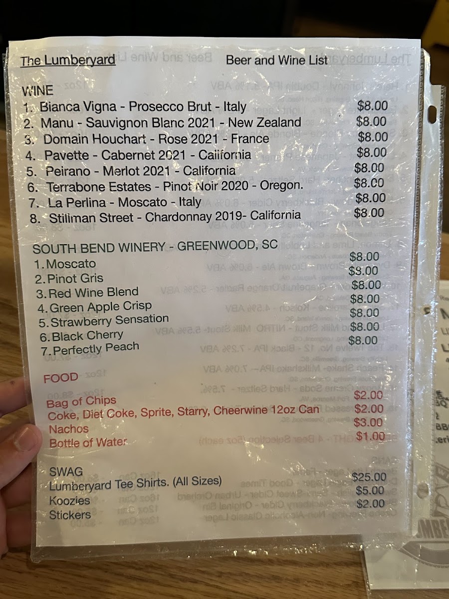 The Lumberyard menu board