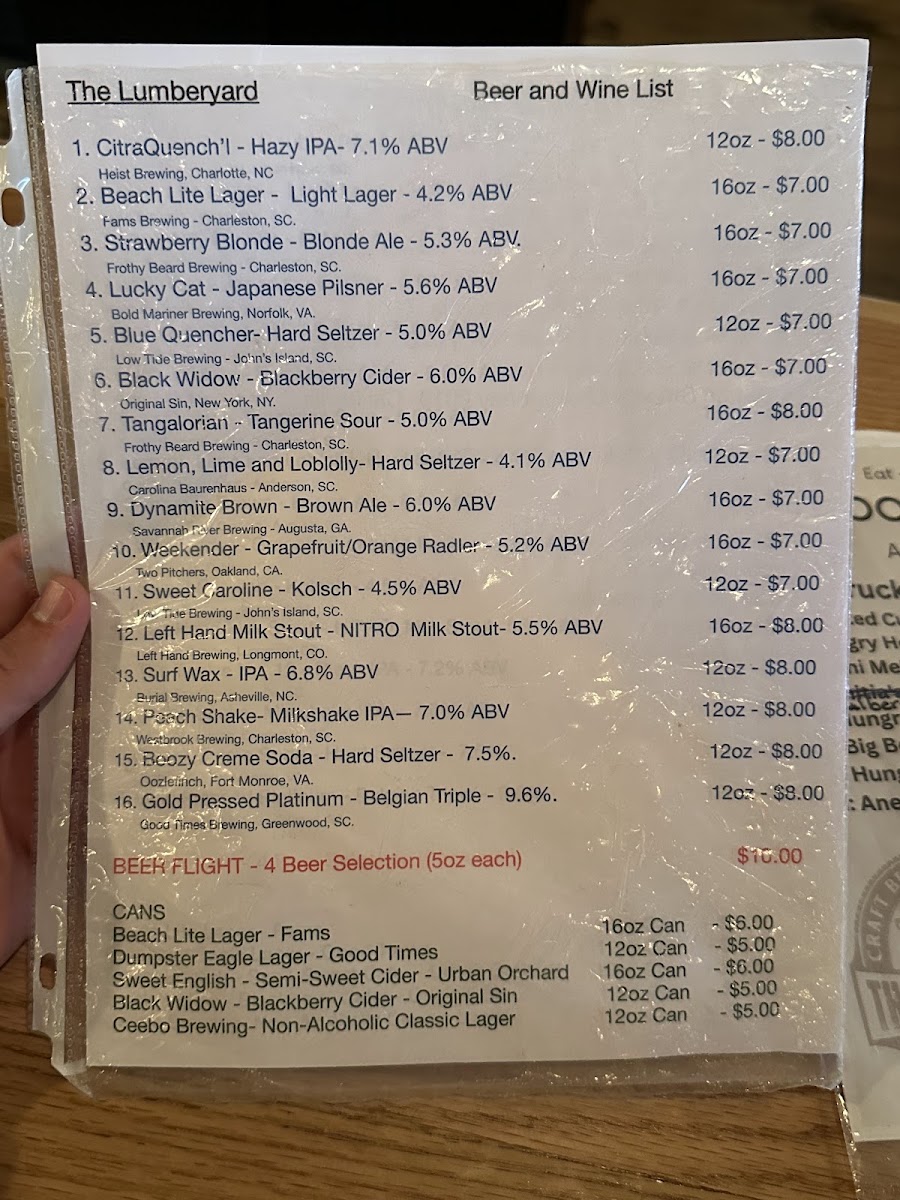The Lumberyard menu board