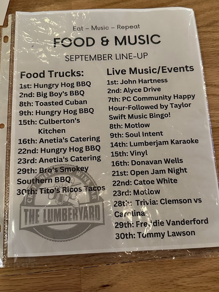 The Lumberyard menu board