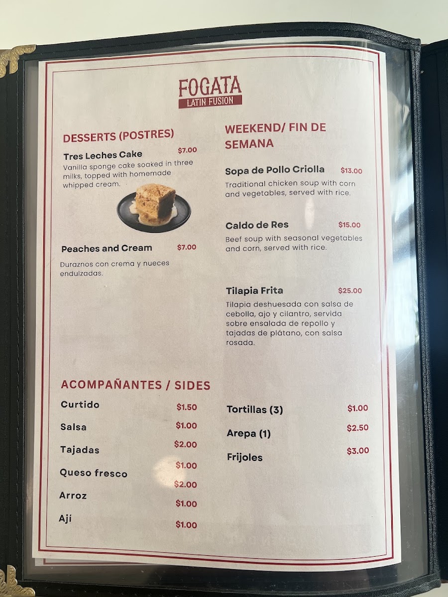 Fogata Latin Fusion menu board