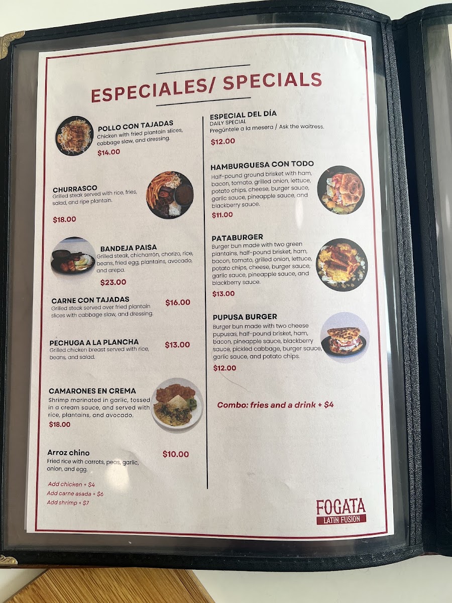 Fogata Latin Fusion menu board