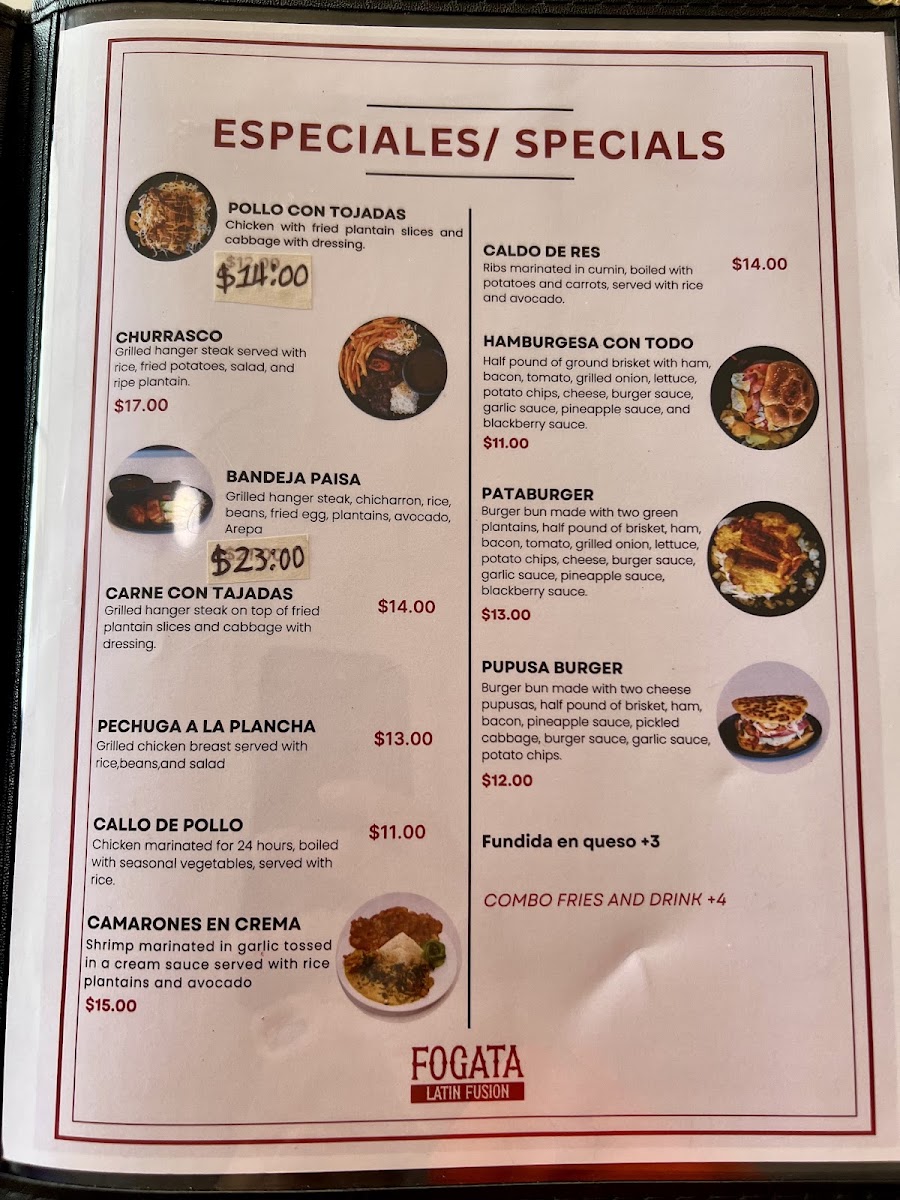 Fogata Latin Fusion menu board