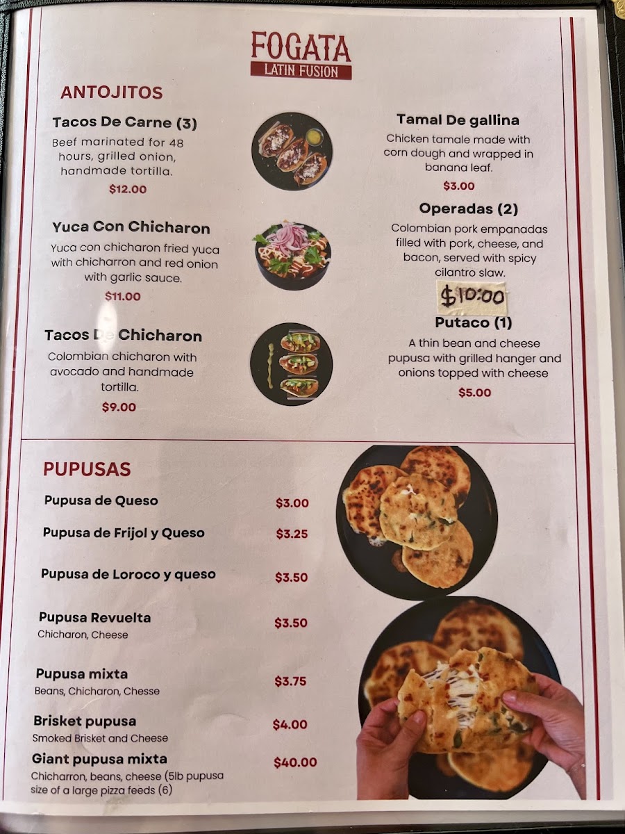 Fogata Latin Fusion menu board