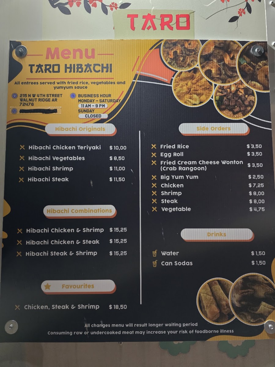 Taro Hibachi Walnut Ridge menu board