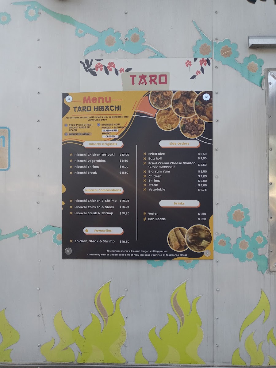 Taro Hibachi Walnut Ridge menu board