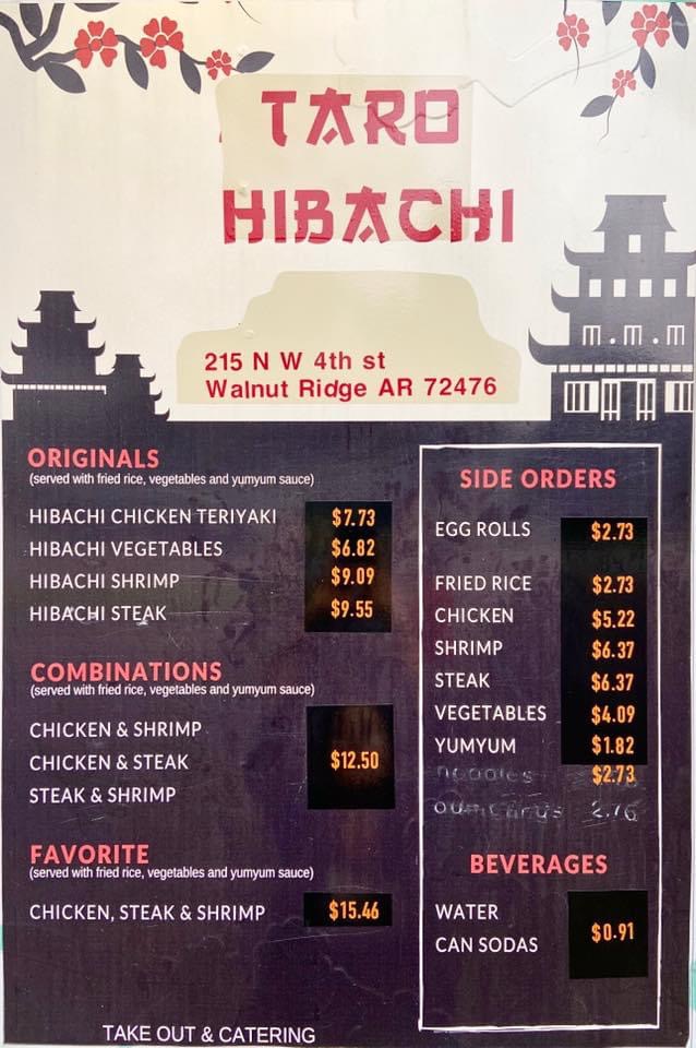 Taro Hibachi Walnut Ridge menu board