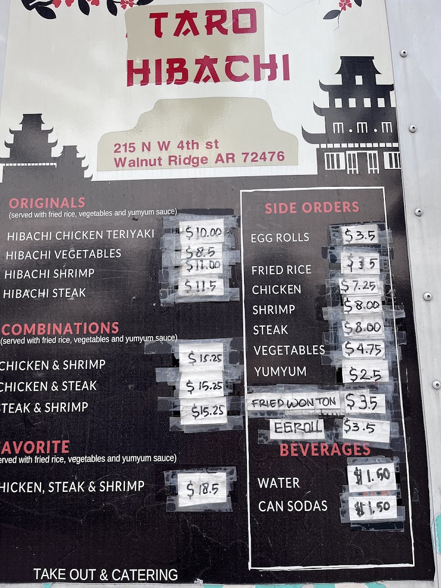 Taro Hibachi Walnut Ridge menu board