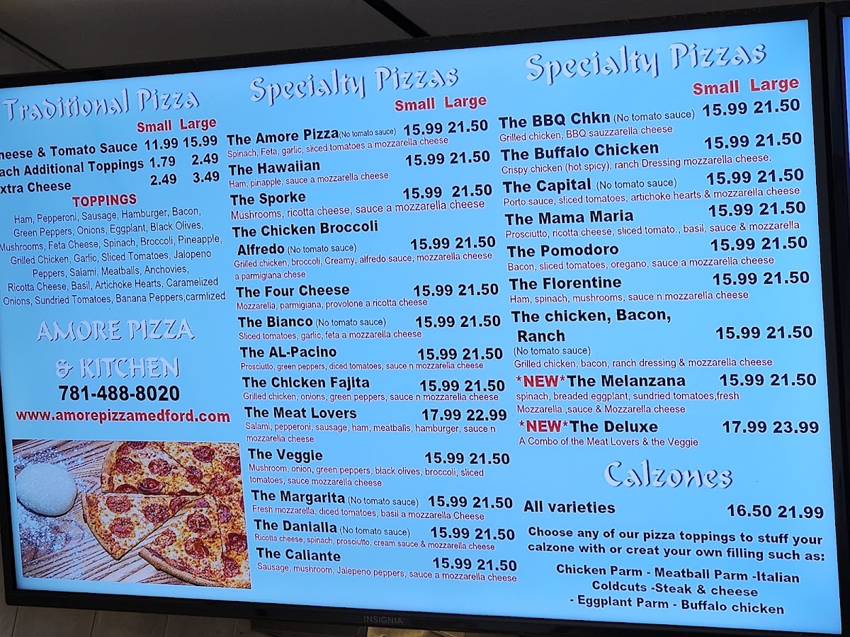 Amore Pizza & Kitchen Medford menu board