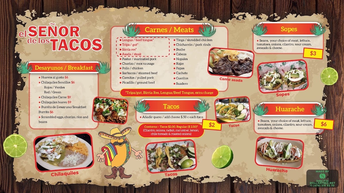 El senor de los tacos bar & grill menu board
