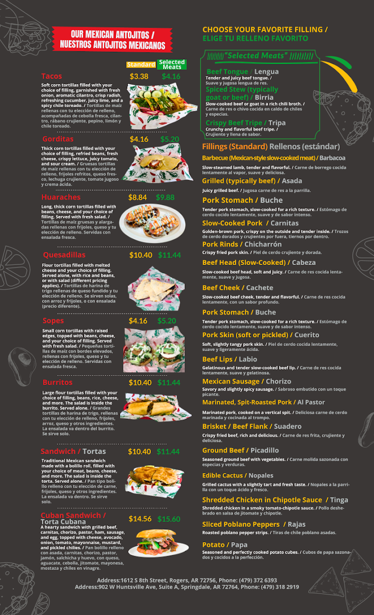 El senor de los tacos bar & grill menu board