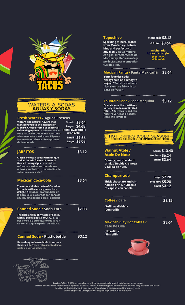 El senor de los tacos bar & grill menu board
