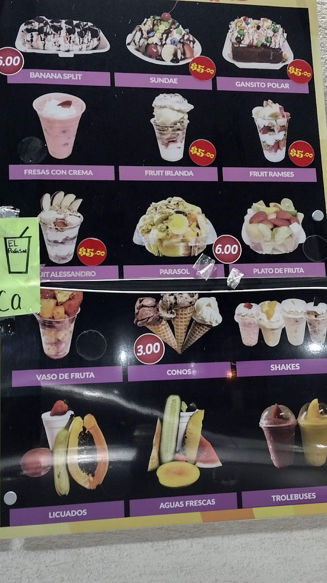 El Parasol Snacks menu board