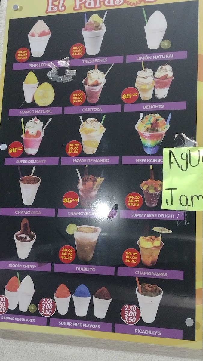 El Parasol Snacks menu board