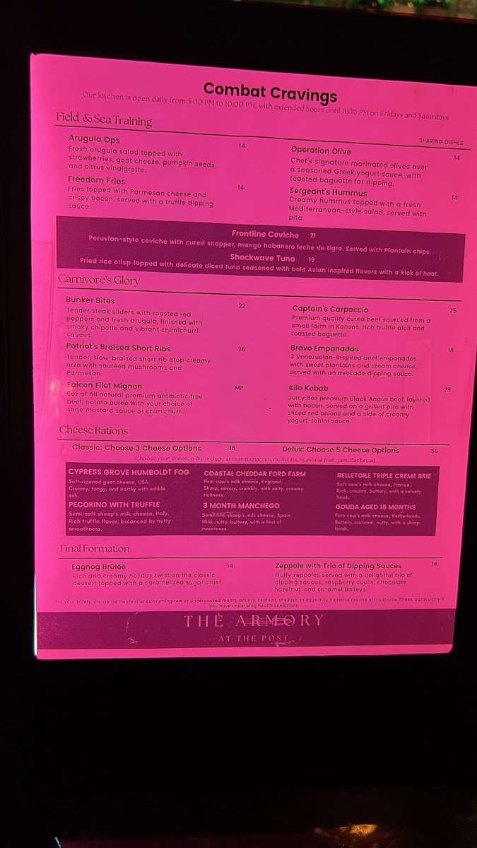 The Armory Speakeasy at The Post menu board