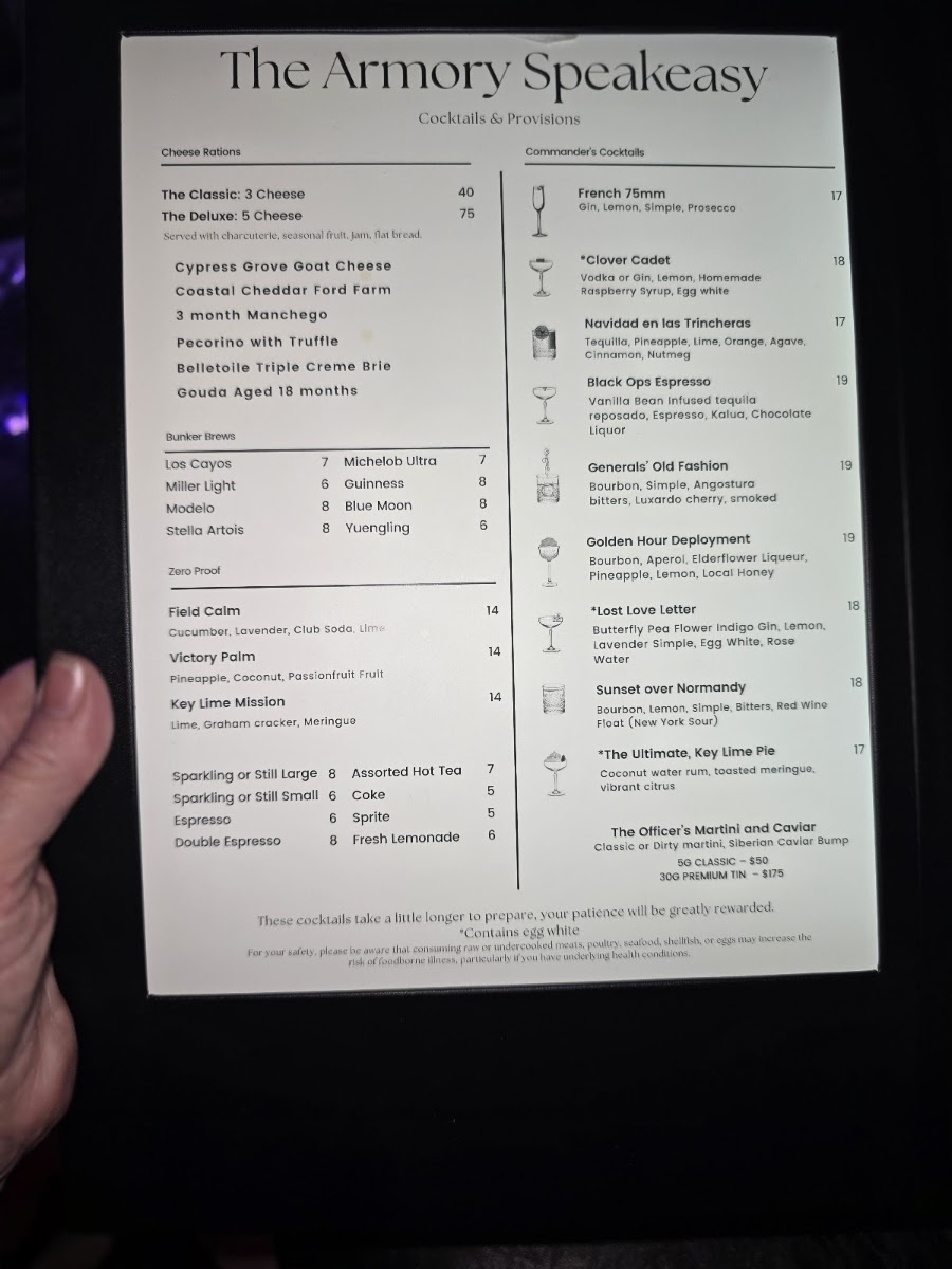 The Armory Speakeasy at The Post menu board