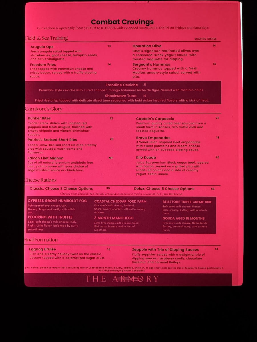 The Armory Speakeasy at The Post menu board