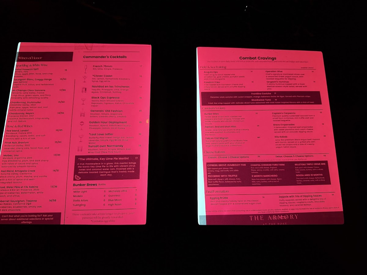 The Armory Speakeasy at The Post menu board