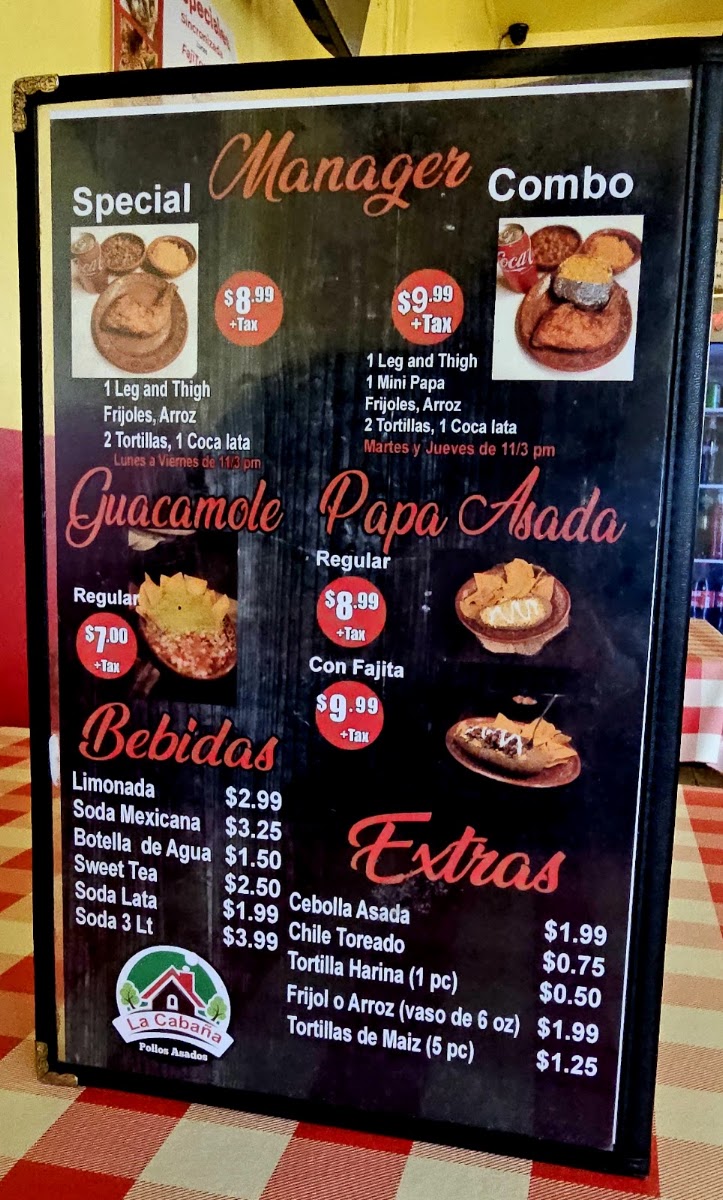 La Cabaña Pollos Asados North menu board