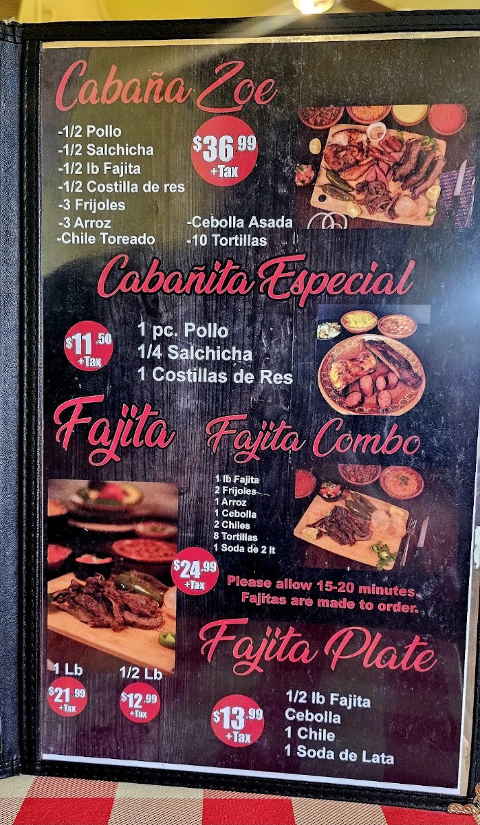 La Cabaña Pollos Asados North menu board