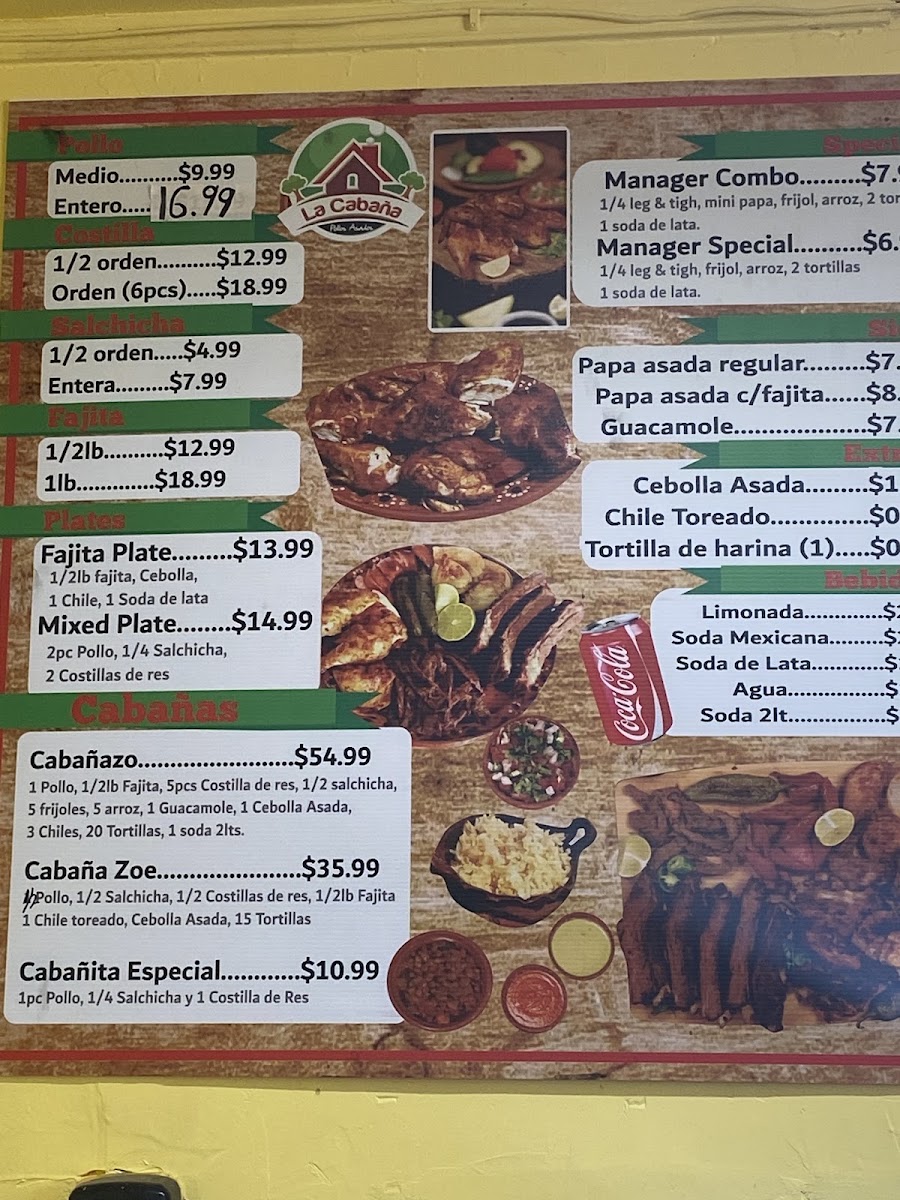 La Cabaña Pollos Asados North menu board