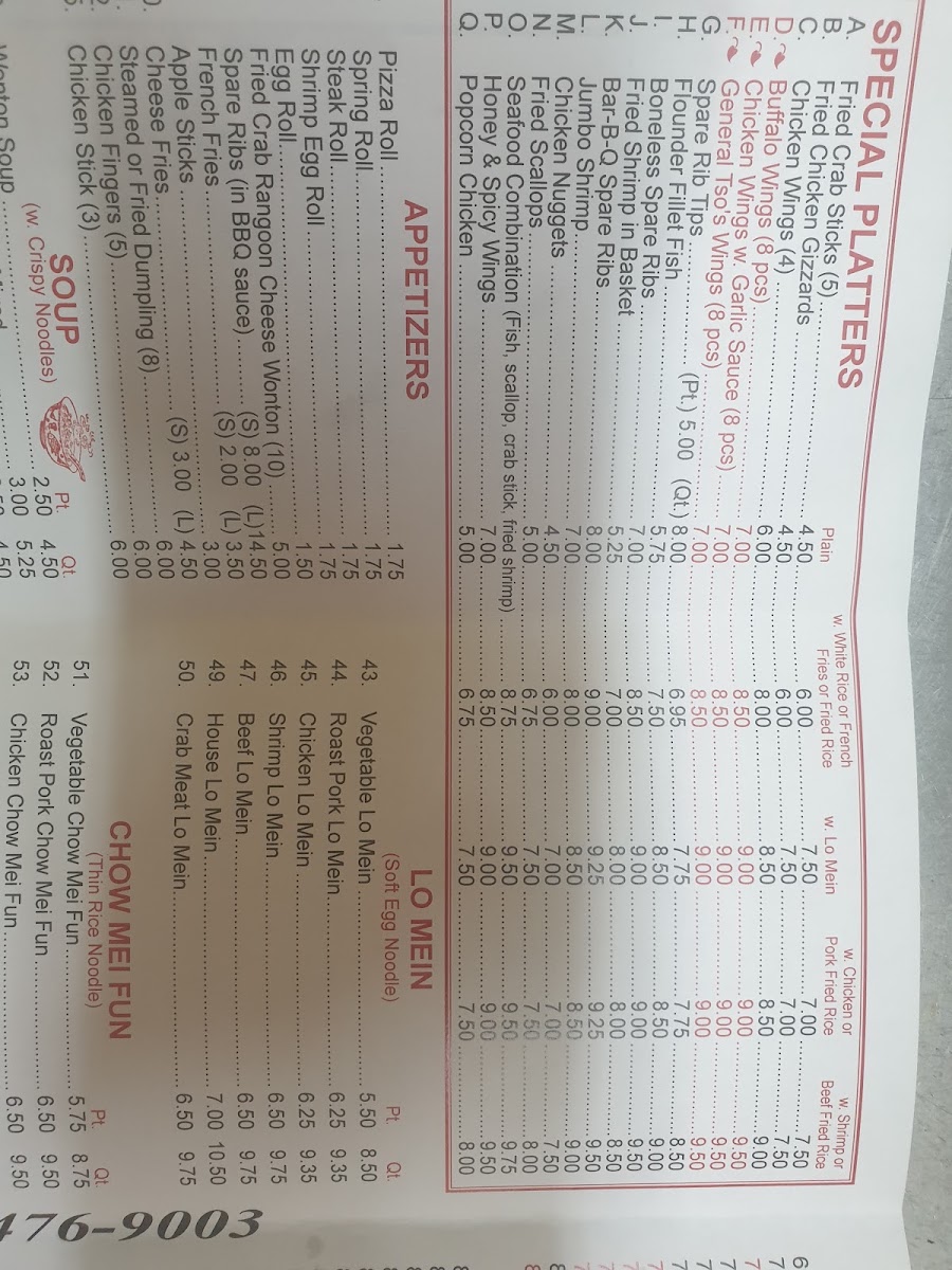 China Inn Restaurant menu board