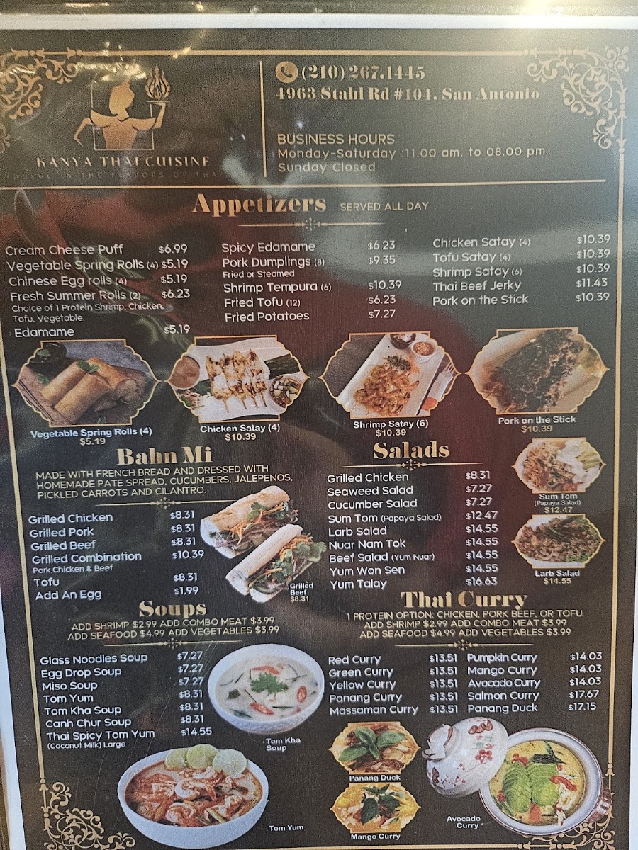 Kanya Thai cuisine menu board
