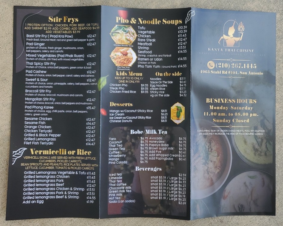 Kanya Thai cuisine menu board