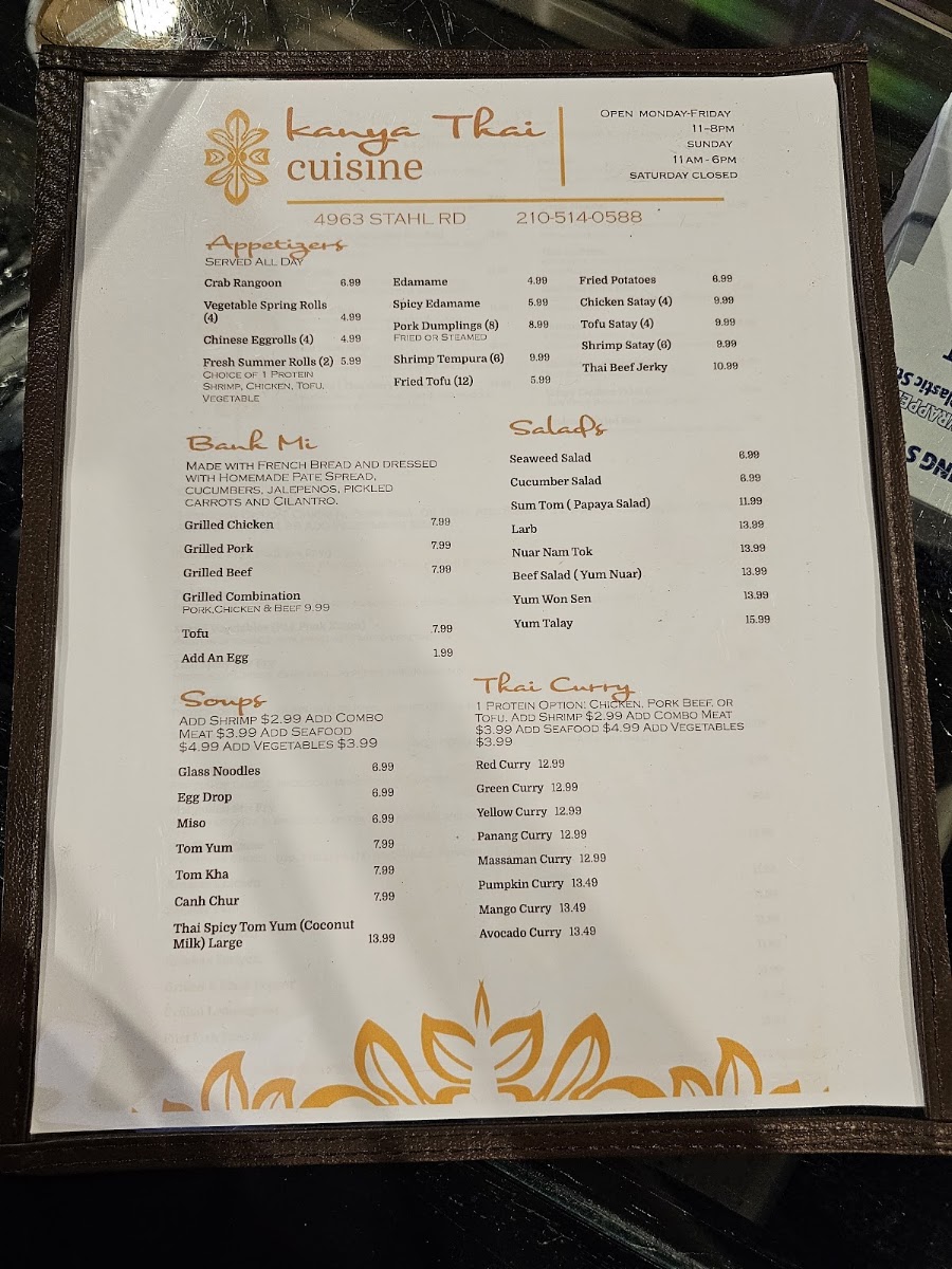Kanya Thai cuisine menu board