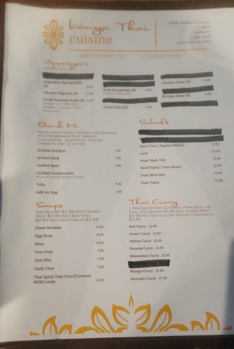 Kanya Thai cuisine menu board