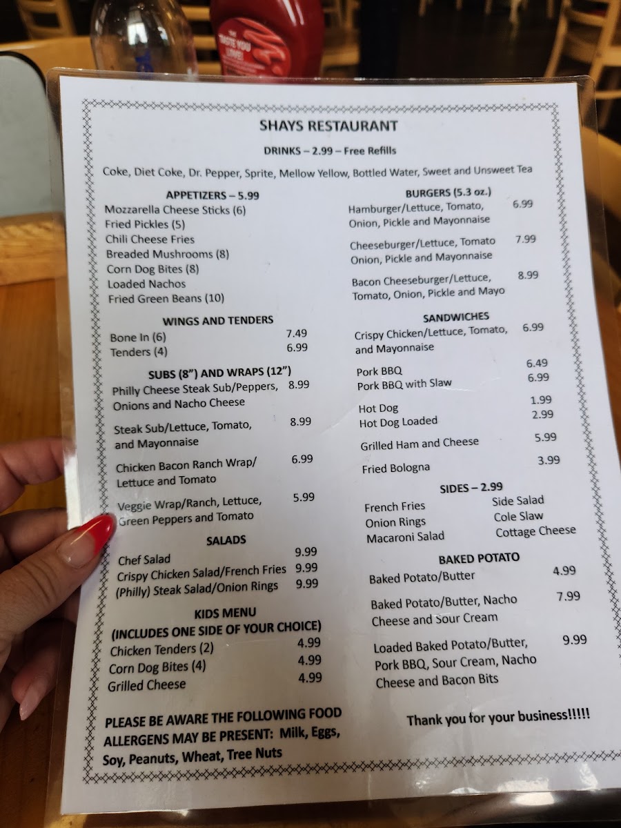 Shays Restaurant menu board